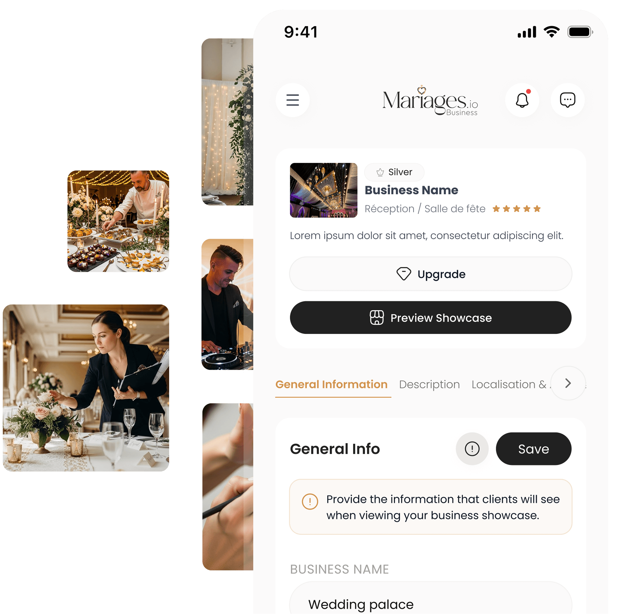 Aperçu de l'application mobile Mariages.io Business