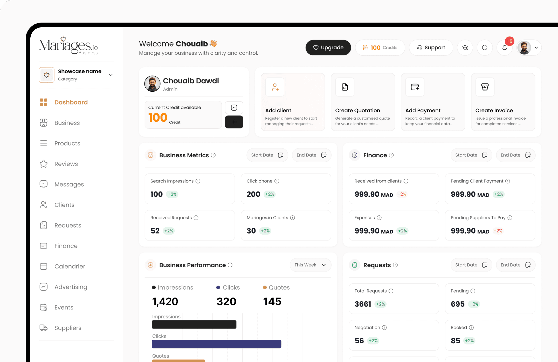 Aperçu du tableau de bord Mariages.io Business